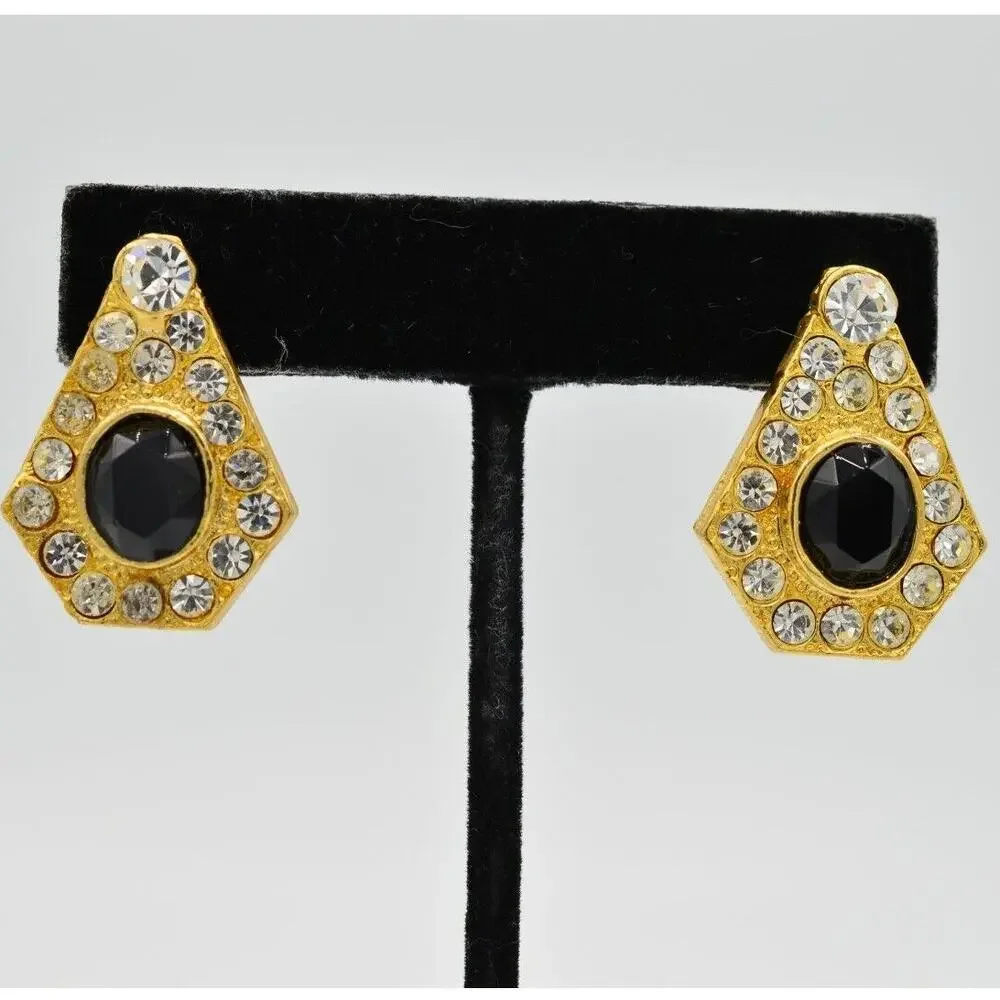 Vintage Earrings Sparkling Black Rhinestone Crystal Gold Statement NOS 1980s 9L